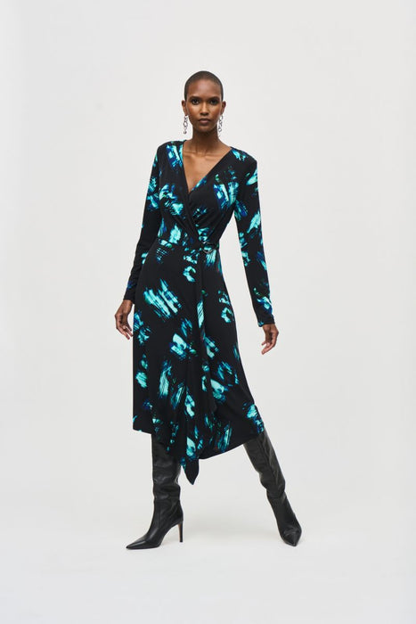 Joseph Ribkoff Style 243147 Black/Multi Abstract Print Faux Wrap Midi Dress