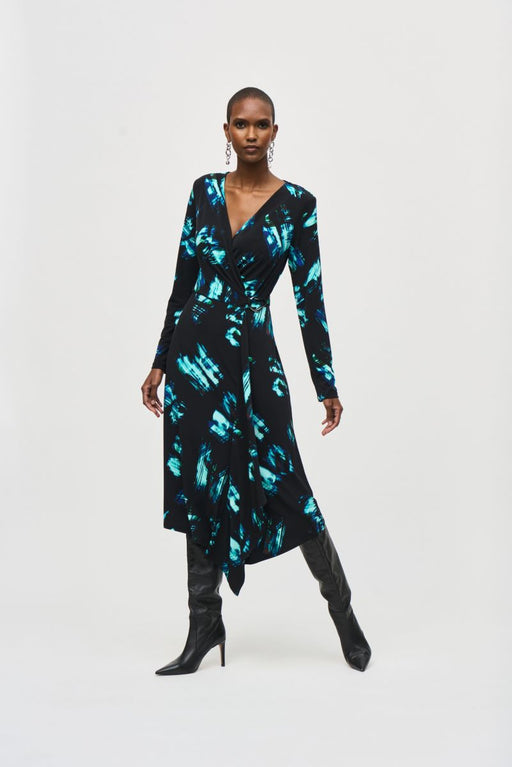 Joseph Ribkoff Style 243147 Black/Multi Abstract Print Faux Wrap Midi Dress