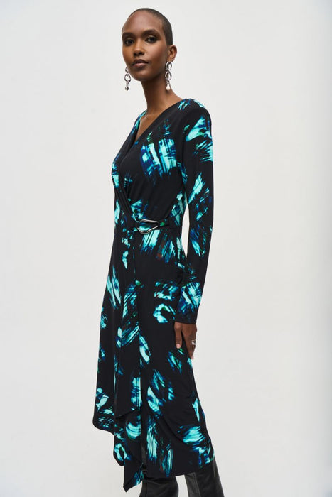 Joseph Ribkoff Black/Multi Abstract Print Faux Wrap Midi Dress 243147