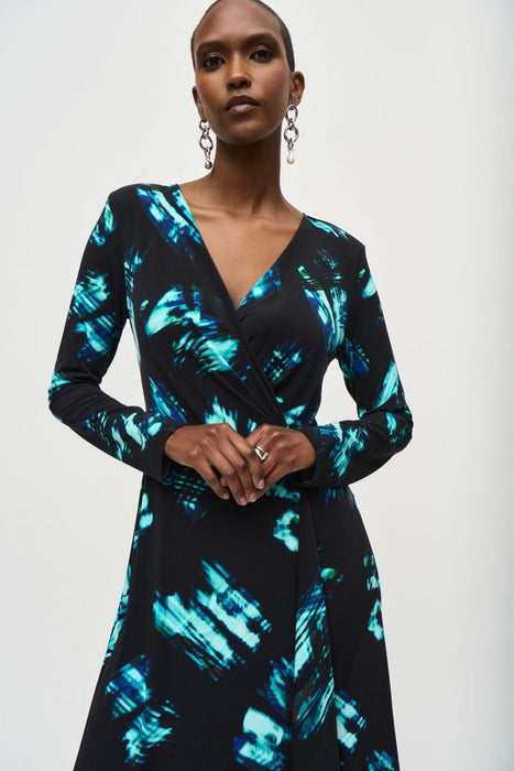 Joseph Ribkoff Black/Multi Abstract Print Faux Wrap Midi Dress 243147