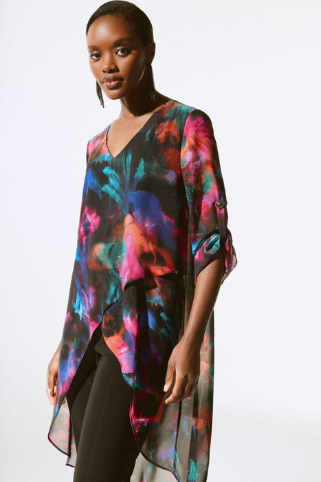 Joseph Ribkoff Black/Multi Abstract Print High Low Chiffon Tunic Top 243768