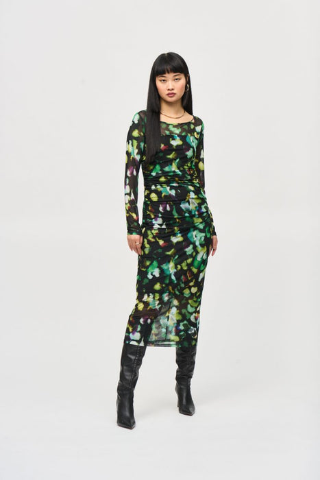 Joseph Ribkoff 243090 Black/Multi Abstract Print Ruched Long Sleeve Boat Neck Dress