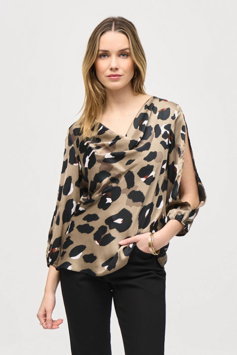 Joseph Ribkoff Style 243108 Black/Multi Animal Print Cowl Neck 3/4 Sleeve Satin Top