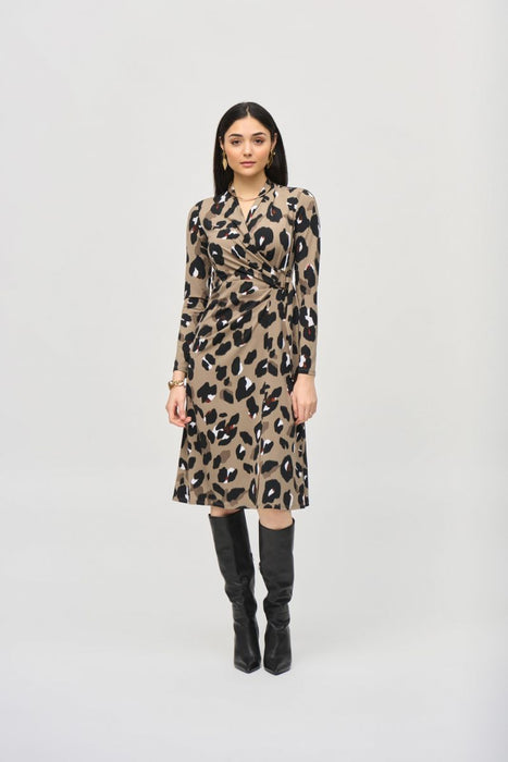 Joseph Ribkoff Style 243173 Black/Multi Animal Print Faux Wrap A-Line Dress