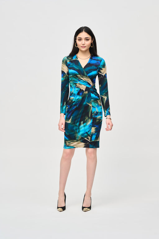 Joseph Ribkoff Style 243072 Black/Multi Brushstroke Print Faux Wrap Sheath Dress