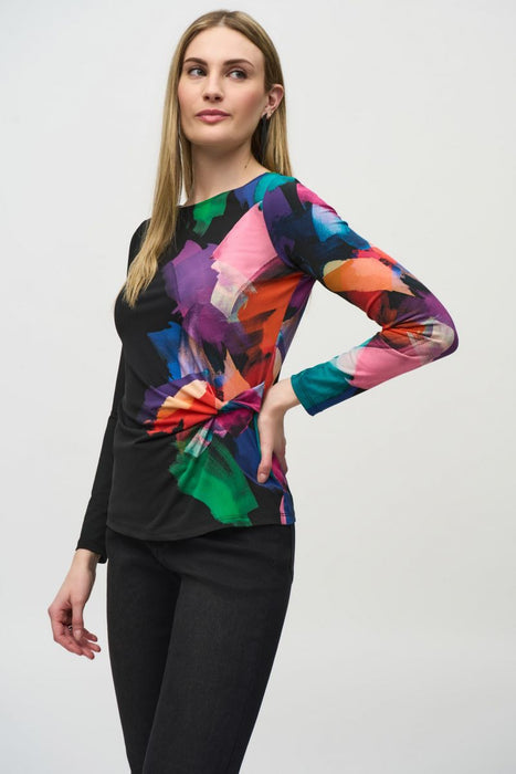 Joseph Ribkoff Style 244073 Black/Multi Brushstroke Print Ruched Long Sleeve Top