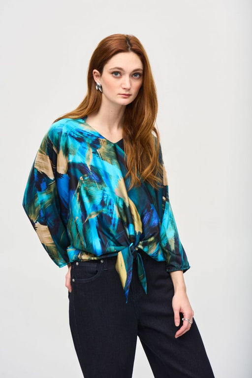 Joseph Ribkoff Style 243102 Black/Multi Brushstroke Print Tie Front Satin Top