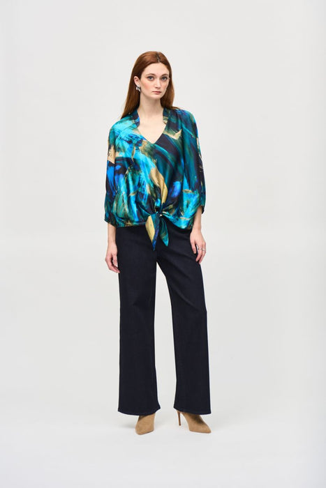 Joseph Ribkoff Black/Multi Brushstroke Print Tie Front Satin Top 243102