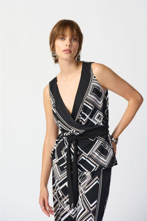Joseph Ribkoff Style 241085 Black/Multi Geometric Print Belted Sleeveless Wrap Top