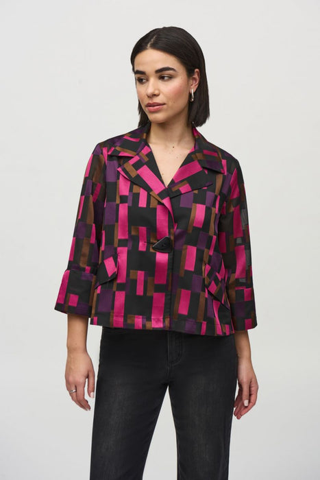 Joseph Ribkoff Style 244166 Black/Multi Geometric Print 3/4 Sleeve Swing Jacket