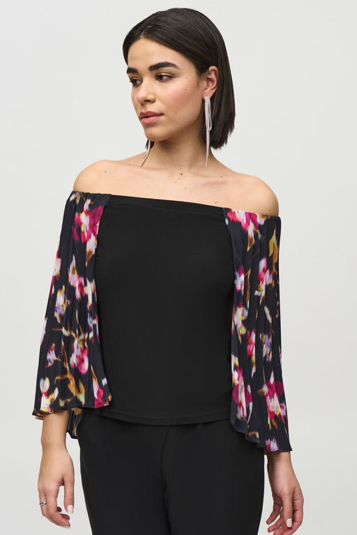 Joseph Ribkoff Style 244246 Black/Multi Off-Shoulder Floral Pleated Cape Top