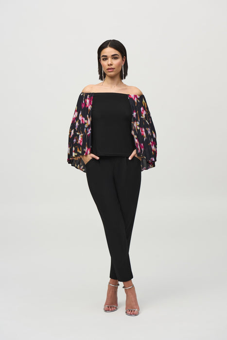 Joseph Ribkoff Black/Multi Off-Shoulder Floral Pleated Cape Top 244246