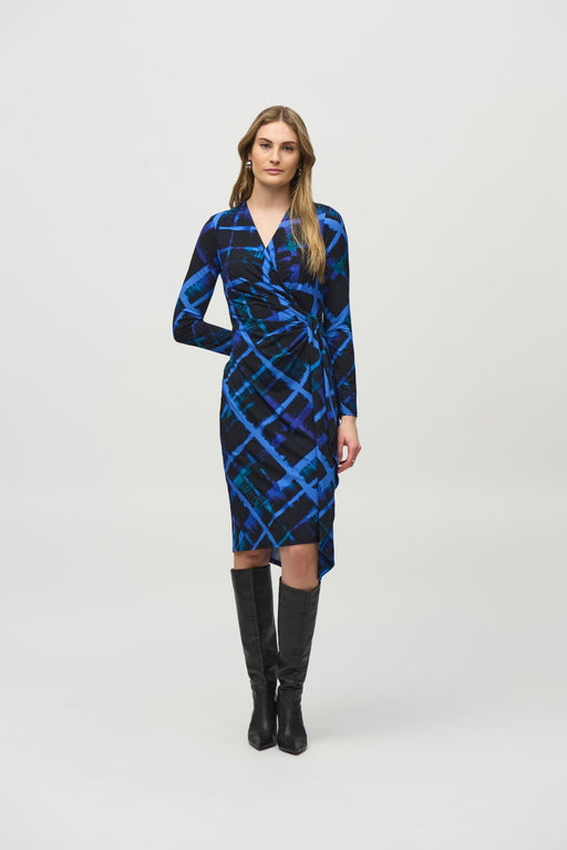 Joseph Ribkoff Style 244131 Black/Multi Plaid Faux Wrap Sheath Dress