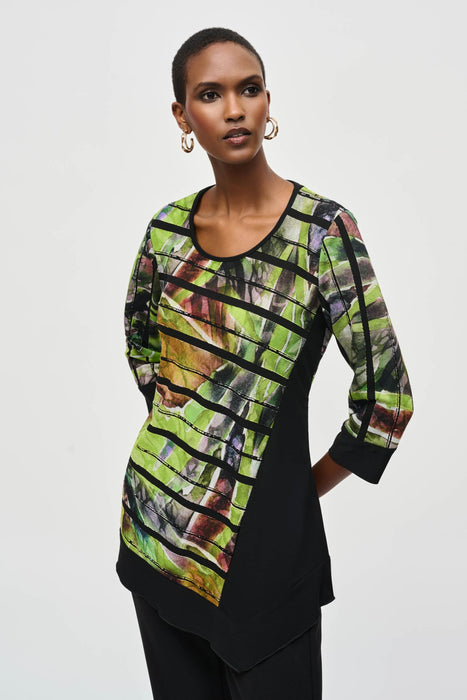 Joseph Ribkoff Style 243112 Black/Multi Striped Abstract Print Asymmetric Tunic Top