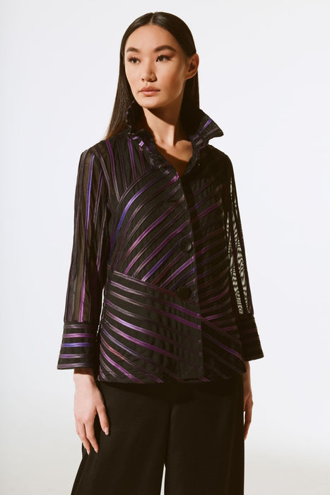 Joseph Ribkoff Style 243777 Black/Multi Striped Satin Mesh Bell Sleeve Jacket