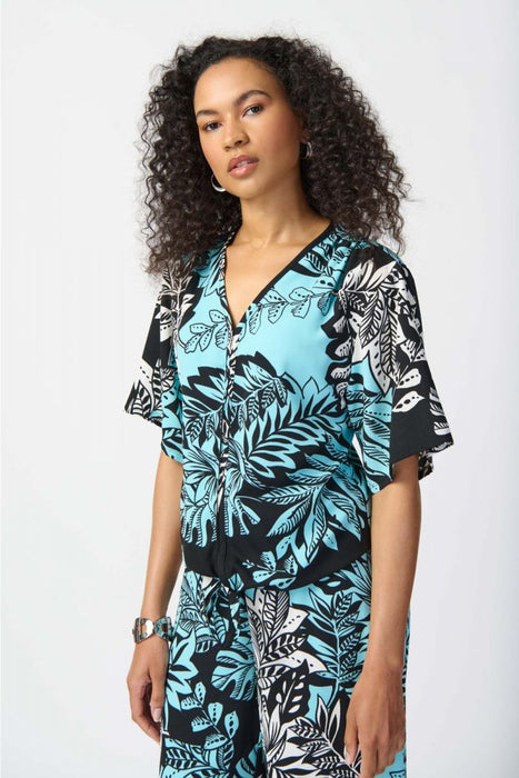 Joseph Ribkoff Style 241219 Black/Multi Tri-Tone Tropical Print Tie-Front Top