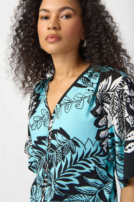 Joseph Ribkoff Black/Multi Tri-Tone Tropical Print Tie-Front Top 241219