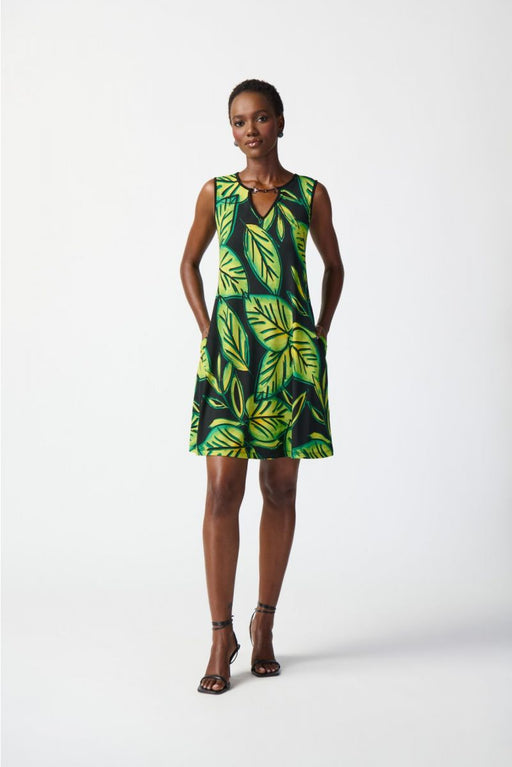 Joseph Ribkoff Style 241119 Black/Multi Tropical Leaf Print Sleeveless Tank Dress