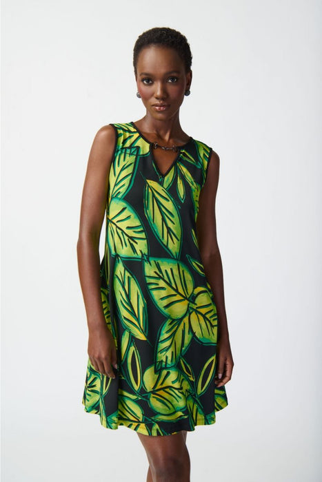 Joseph Ribkoff Black/Multi Tropical Leaf Print Sleeveless Tank Dress 241119