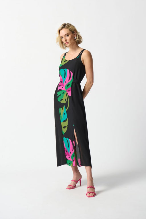 Joseph Ribkoff Style 242163 Black/Multi Tropical Print Sleeveless Front Slit Maxi Dress