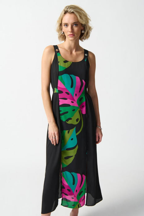 Joseph Ribkoff Black/Multi Tropical Print Sleeveless Front Slit Maxi Dress 242163