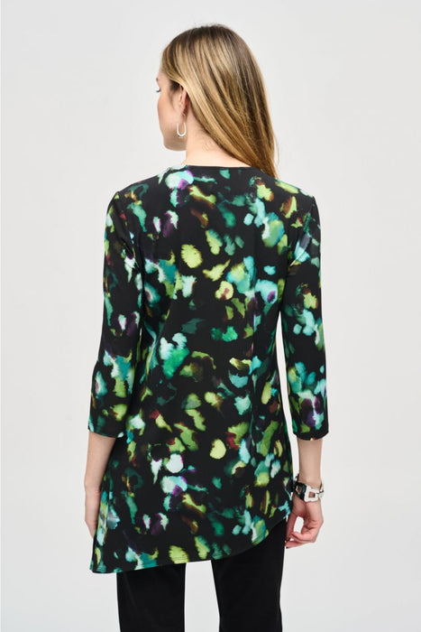 Joseph Ribkoff Black/Multi Watercolor Abstract Print 3/4 Sleeve Asymmetric Top 243134