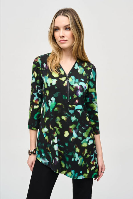 Joseph Ribkoff 243134 Black/Multi Watercolor Abstract Print 3/4 Sleeve Asymmetric Top