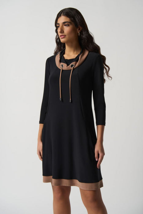 Joseph Ribkoff Black/Nutmeg Contrast Trim Cowl Neck A-Line Dress 233035