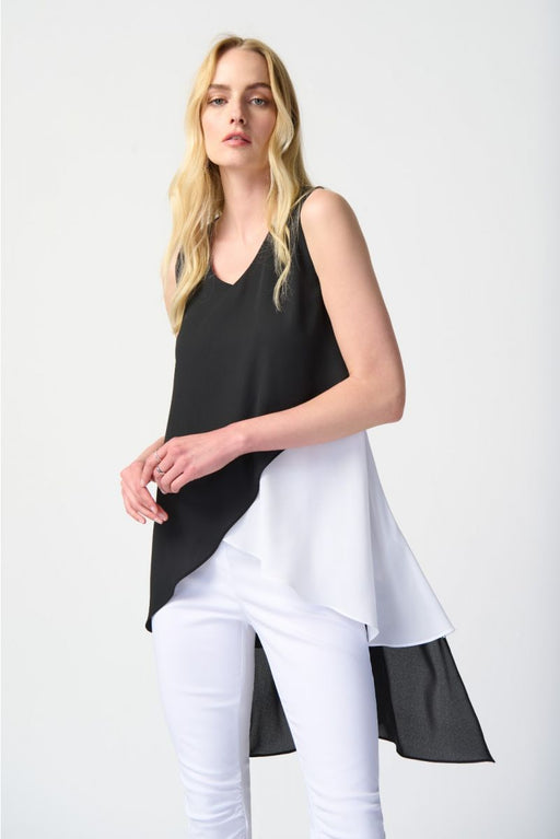 Joseph Ribkoff Style 241306 Black/Off-White Color Block Sleeveless Asymmetric Tunic Top