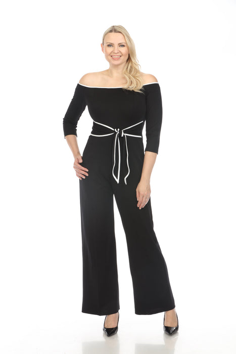 Joseph Ribkoff Style 241009 Black/Off-White Contrast Trim Off-Shoulder Wide Leg Jumpsuit