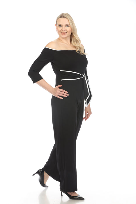 Joseph Ribkoff Black/Off-White Contrast Trim Off-Shoulder Wide Leg Jumpsuit 241009