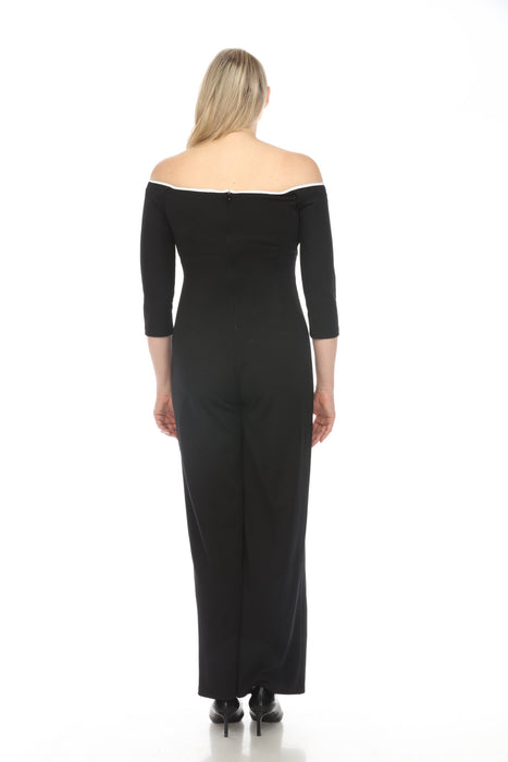 Joseph Ribkoff Black/Off-White Contrast Trim Off-Shoulder Wide Leg Jumpsuit 241009