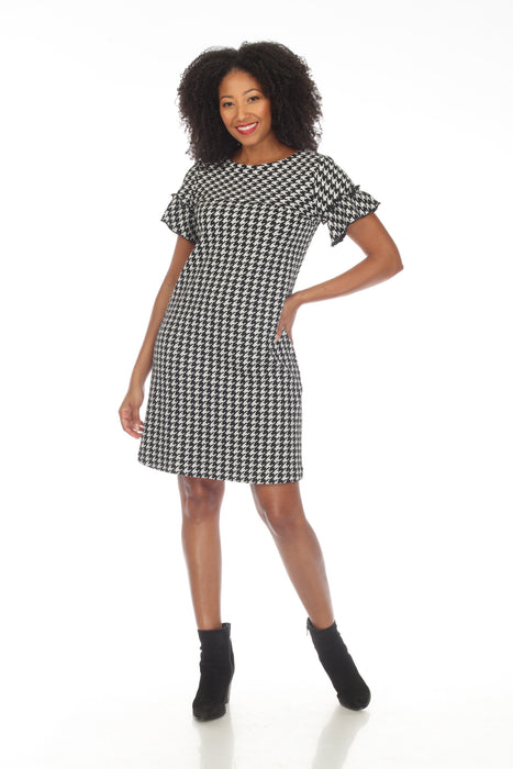 Joseph Ribkoff Style 234099 Black/Off-White Houndstooth Ruffled Sleeve Shift Dress