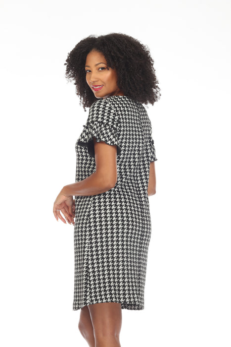 Joseph Ribkoff Black/Off-White Houndstooth Ruffled Sleeve Shift Dress 234099