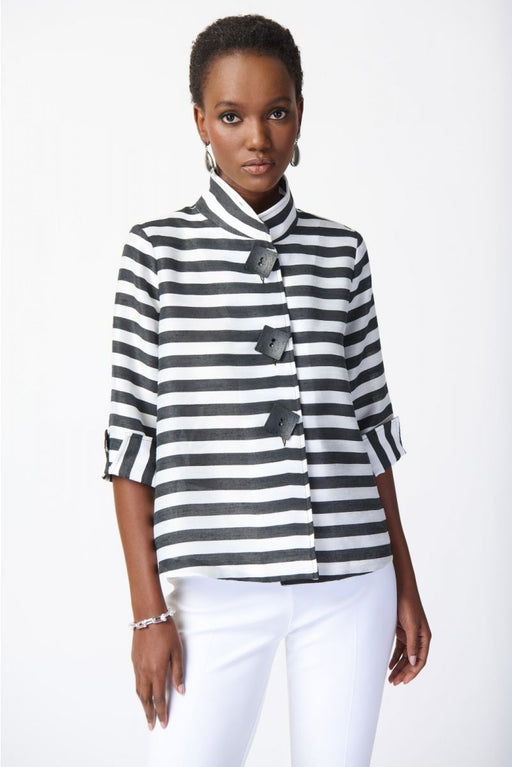 Joseph Ribkoff Style 241253 Black/Off-White Striped 3/4 Sleeve Trapeze Jacket