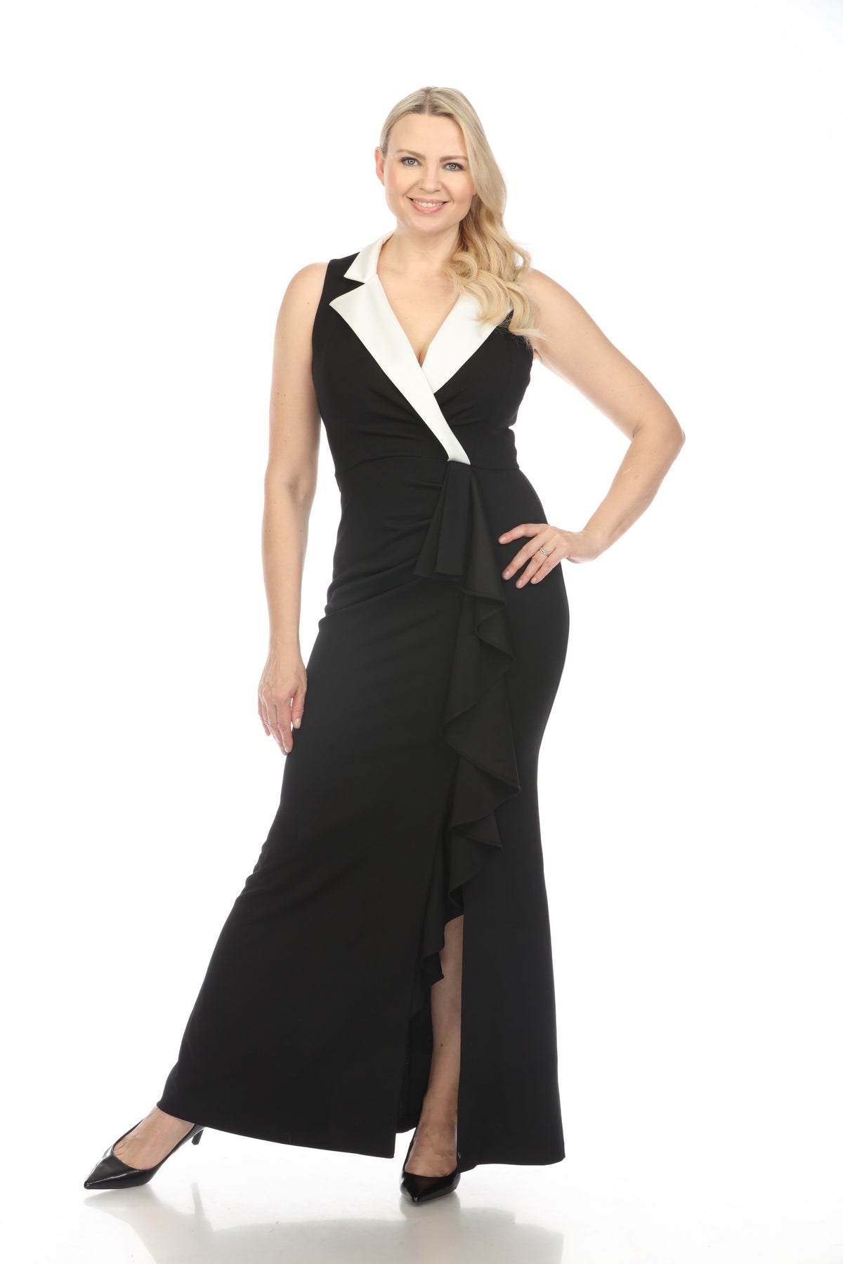 Joseph Ribkoff Black/Off-White Two-Tone Ruffled Sleeveless Long Dress —  AfterRetail