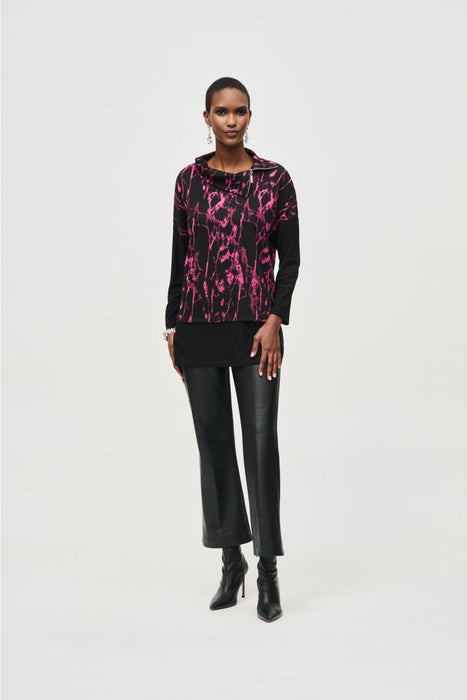 Joseph Ribkoff Black/Pink Abstract Print Cowl Neck Boxy Top 243247