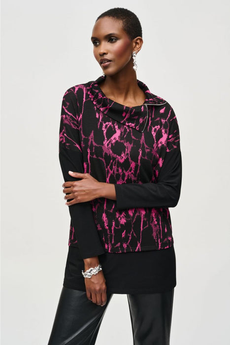 Joseph Ribkoff Style 243247 Black/Pink Abstract Print Cowl Neck Boxy Top