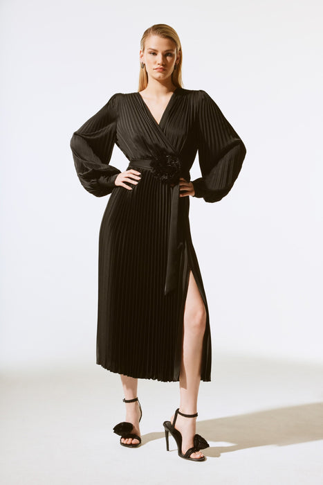 Joseph Ribkoff Style 243771X Black Pleated Satin Belted Midi Wrap Dress