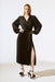 Joseph Ribkoff Style 243771X Black Pleated Satin Belted Midi Wrap Dress