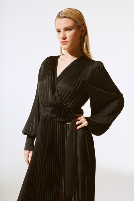 Joseph Ribkoff Pleated Satin Belted Midi Wrap Dress 243771X