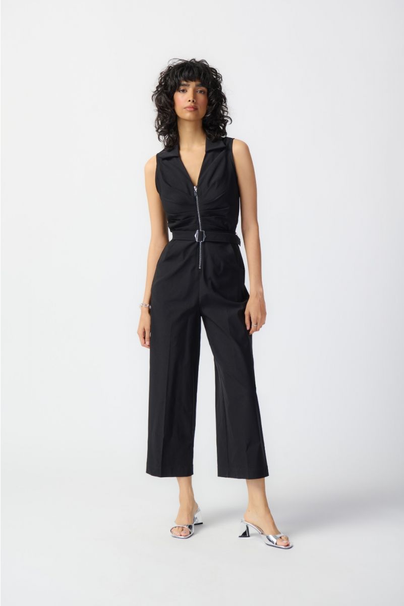 Joseph Ribkoff Black Pleated Zip Front Belted Cropped Jumpsuit 241101 ...