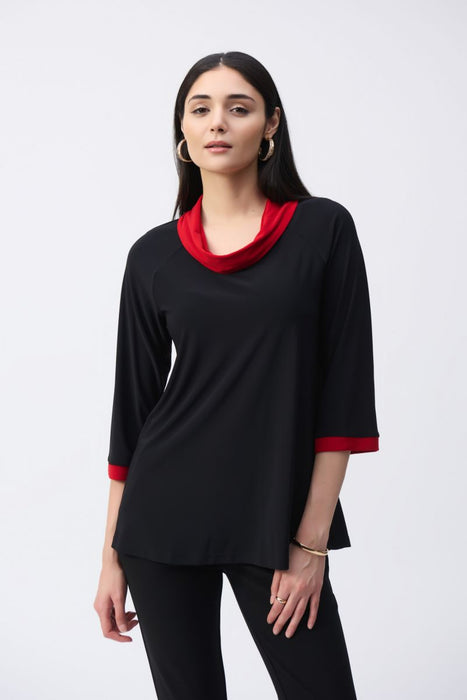 Joseph Ribkoff Style 243163 Black/Lipstick Red Contrast Trim Cowl Neck Raglan Sleeve Tunic Top