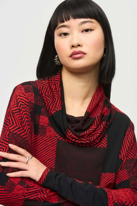 Joseph Ribkoff Black/Red Geometric Print Cowl Neck Boxy Top 243249