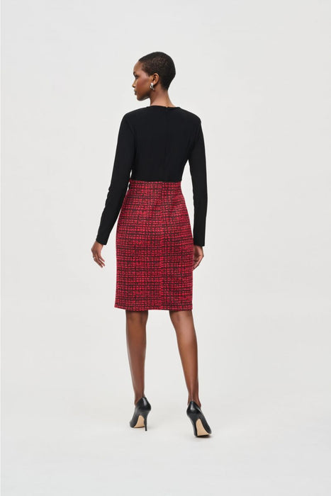 Joseph Ribkoff Black/Red Surplice Belted Plaid Sheath Dress 243060