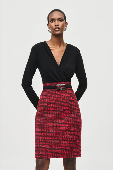 Joseph Ribkoff Black/Red Surplice Belted Plaid Sheath Dress 243060