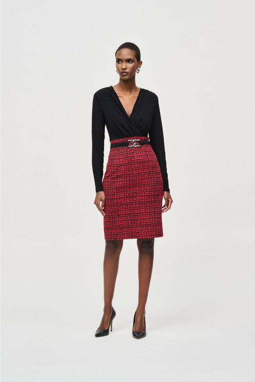 Joseph Ribkoff Style 243060 Black/Red Surplice Belted Plaid Sheath Dress