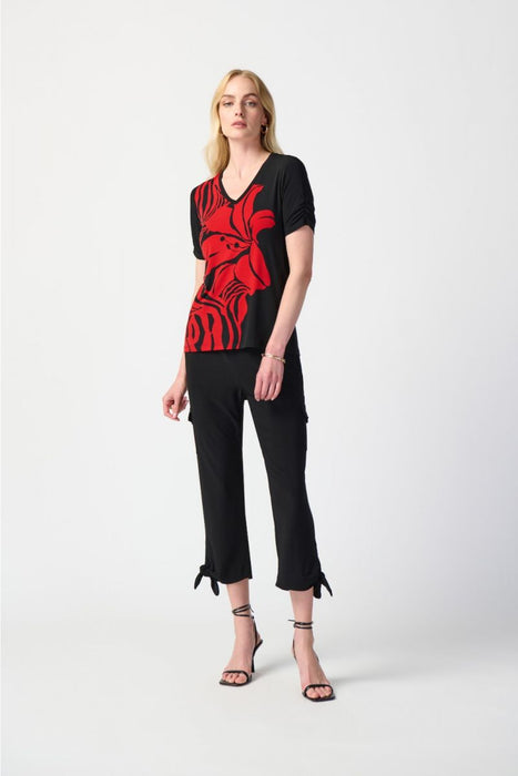 Joseph Ribkoff Black/Red Two-Tone Floral Print Shirred Sleeve Top 241138