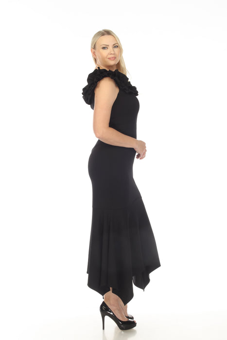 Joseph Ribkoff Black Ruffled Off-Shoulder Flowy Asymmetric Evening Dress 233741