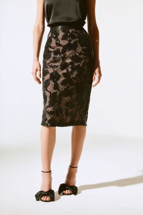 Joseph Ribkoff Style 243710 Black Sequin Floral Pull-On Mesh Pencil Skirt